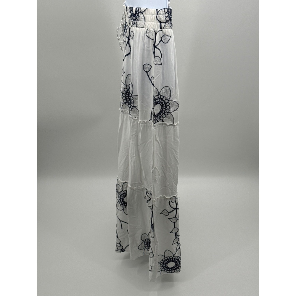 Mermaid Fashion Womens White Navy Blue Floral Embroidered Tiered Maxi Skirt M - Picture 4 of 9